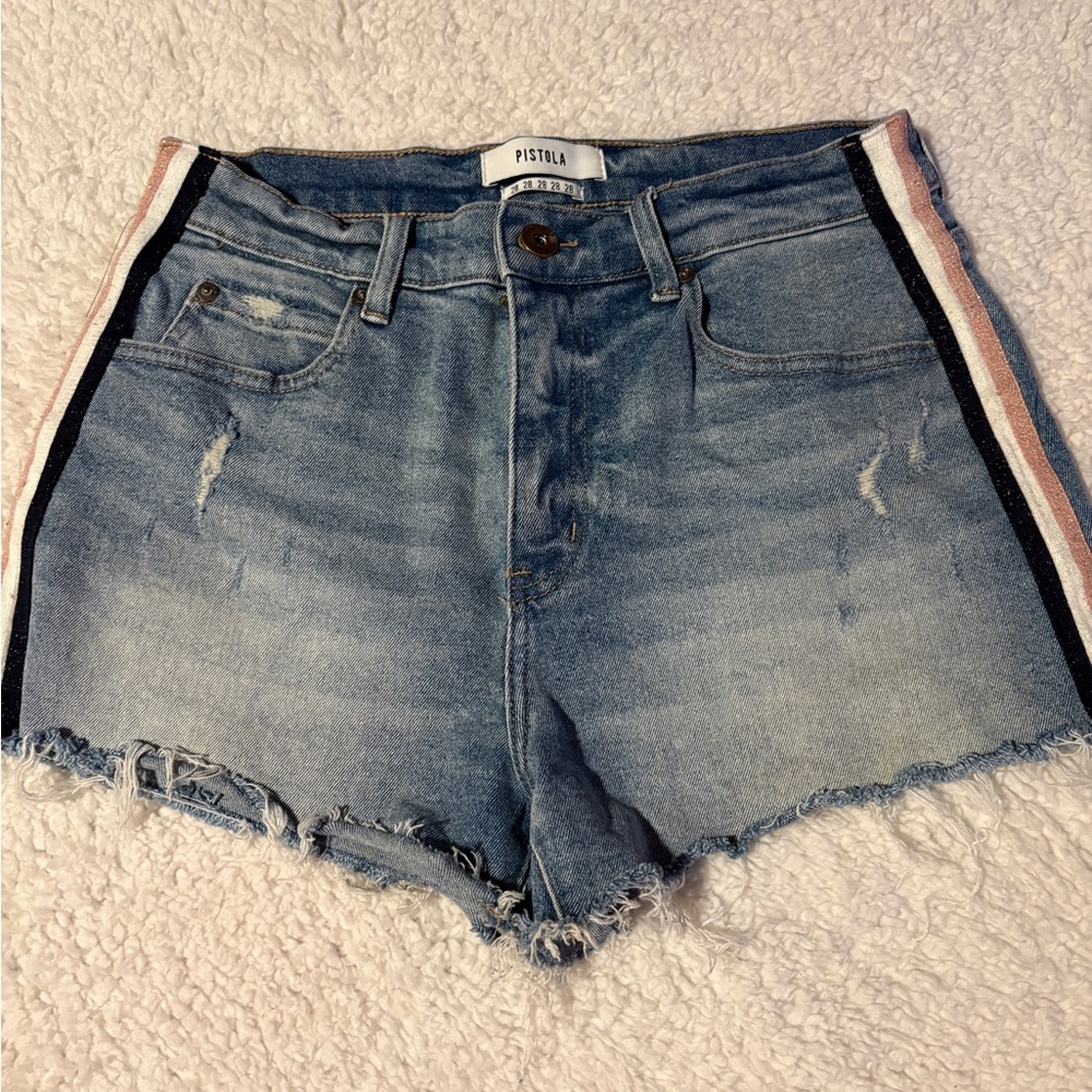 Pistola Distressed Blue Jean Shorts with Stripes